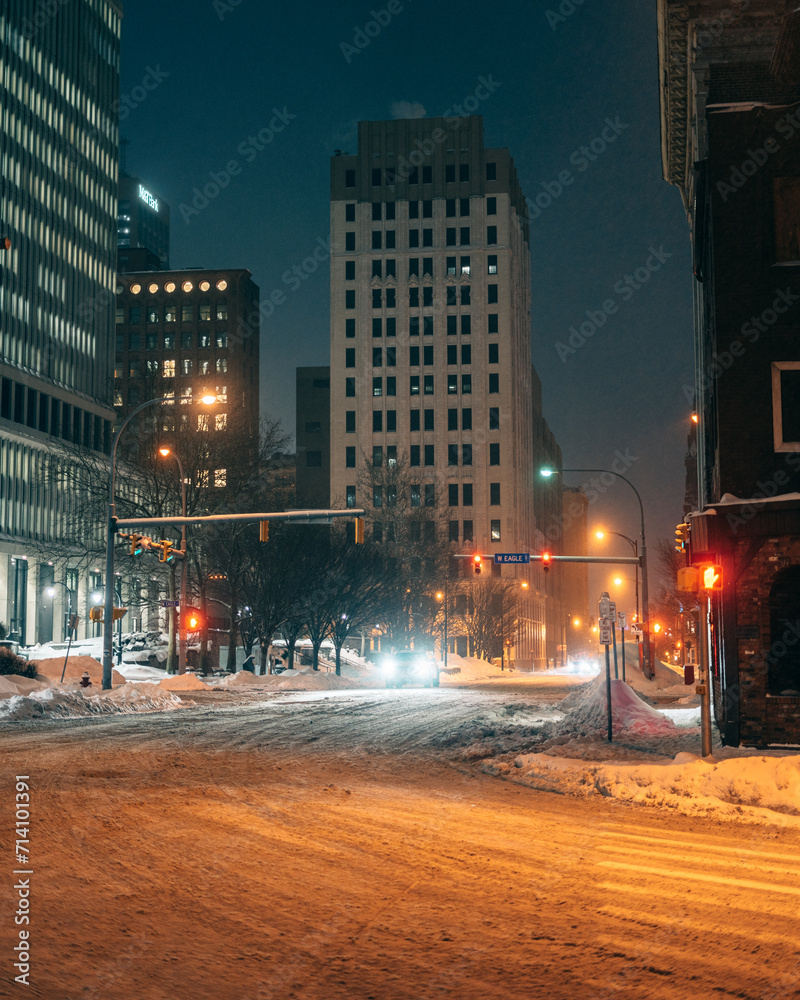 The intersection of Niagara Street & Franklin Street on a snowy winter night in downtown Buffalo, New York