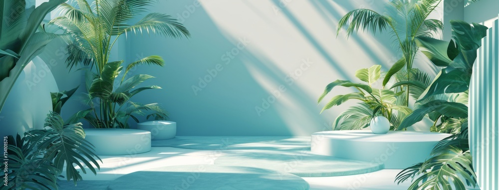 empty scene of space with palms and plants on the ground empty scene of space with palms and plants on the ground