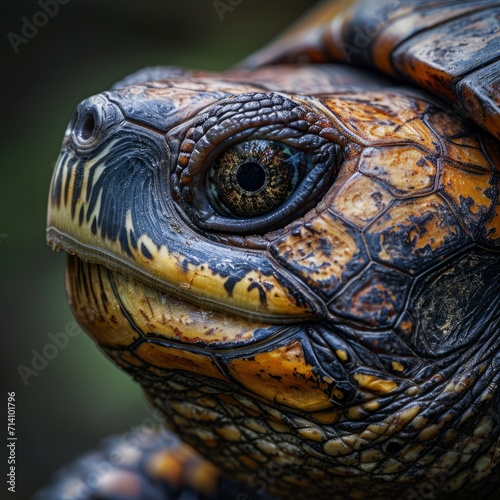 A close-up photo of a turtle. Macro portrait of a turtle.