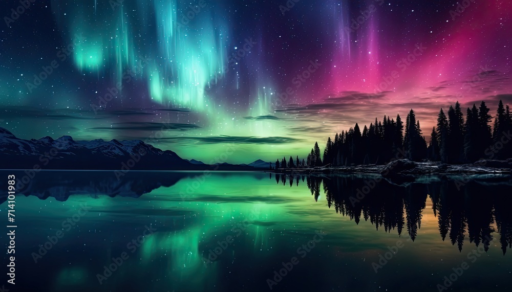 View of night sky with multicolored aurora borealis and snowy mountains peak background. Night glows in vibrant aurora reflection on the lake with forest. 