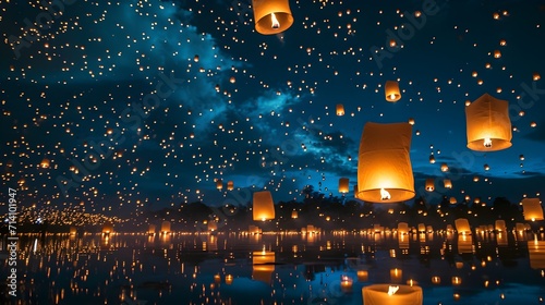 city skyline, Sky Ablaze with Countless Floating Lanterns estive, night sky cultural