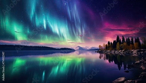 View of night sky with multicolored aurora borealis and snowy mountains peak background. Night glows in vibrant aurora reflection on the lake with forest.  © Virgo Studio Maple