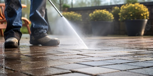 A thorough terrace cleaning using a powerful water pressure washer to remove grime from paving stones. photo