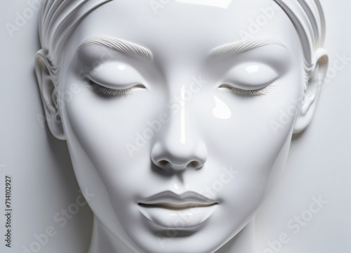 white glossy latex mask of a beautiful woman, white glossy, latex surface in the shape of a human face