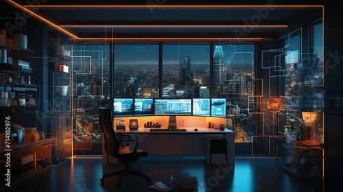 An image of a state-of-the-art tech office space located in a high-rise building, featuring an array of screens with a stunning night view of the city skyline.