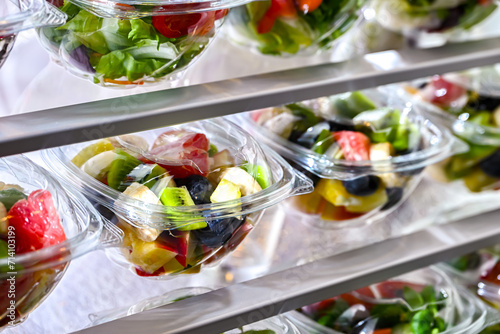 Boxes with fruit and vegetable salads in a commercial fridge