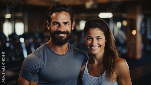 Joyful sporty pair posing and showing off their biceps at a fitness center while gazing at the lens.