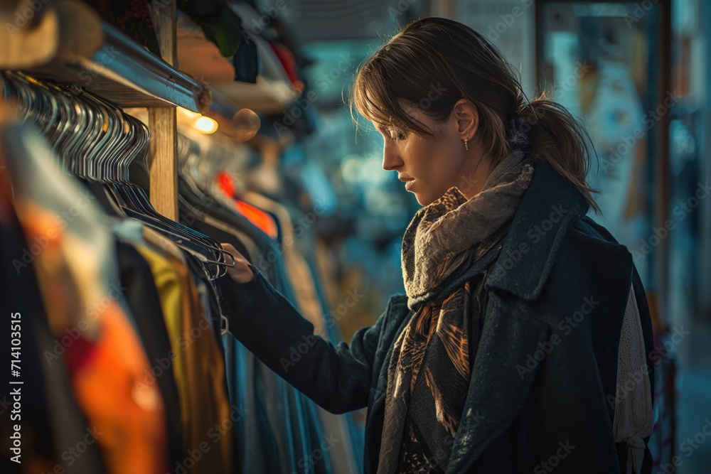A thoughtful young woman carefully selecting from an assortment of second-hand clothing in a well-lit thrift store environment.. - obrazy, fototapety, plakaty 