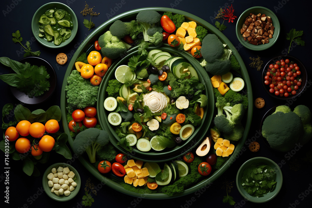 A variety of fruits and vegetables create a visually stunning and vibrant arrangement on a tabletop. Flat Lay Top View Creative Color Design Concept