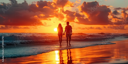 Sunset Beach Serenity - Picture a couple holding hands, strolling on the beach, captivated by a breathtaking sunset backdrop. 