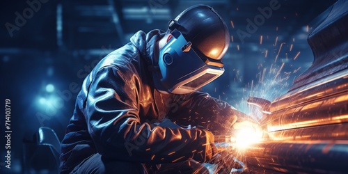 Industrial 4.0 Digital Visualization Idea: Heavy Industry Welder Operating Welding Within Tube. Building of NLG Natural Gas and Fuels Transportation Pipeline.  photo