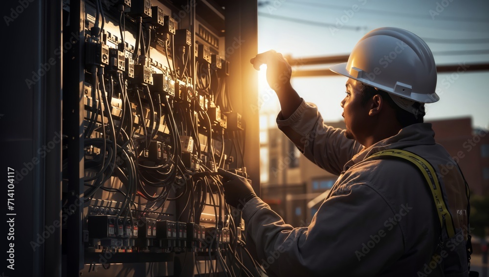 Engineer working in front of switchboard with circuit board and safety helmet - obrazy, fototapety, plakaty 