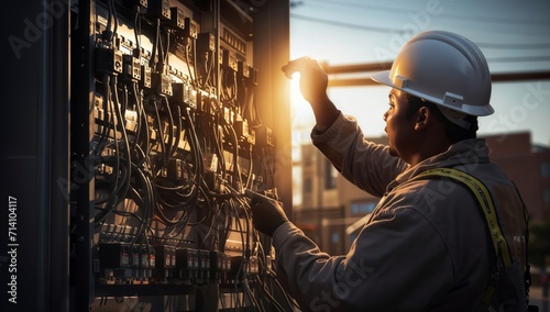 Engineer working in front of switchboard with circuit board and safety helmet photo