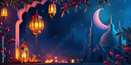 ramadan kareem paper cut illustration background. islamic lantern for eid mubarak greeting banner cover card. 3d art of a mosque with a moon and stars