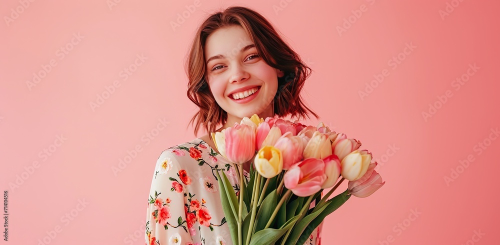 Young girl with a bouquet of tulips on a pink background. Concept of spring mood.