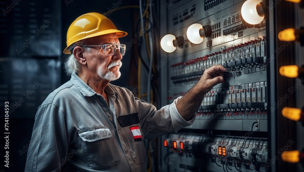 Portrait of a senior engineer in hardhat standing in front of an electrical panel. Portrait of a senior engineer in hardhat standing in front of an electrical panel.
