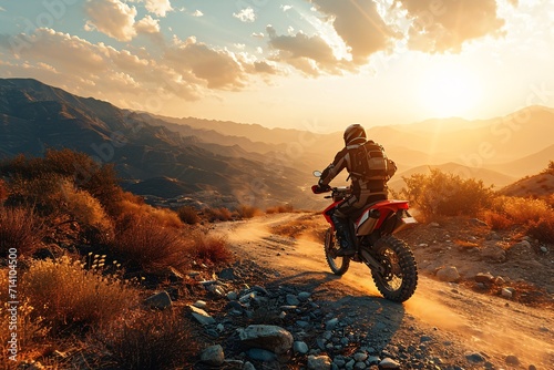 A male expert rider in complete motorcycle gear riding a dirt bike on a mountain road during sunset. 3D rendered backdrop. Idea of fast motorsports pastime adventure.