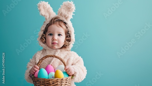 Little child in bunny costume with Easter eggs. Concept of Easter celebration.
