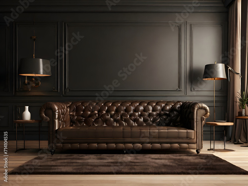 Modern classic black interior with capitone brown leather chester sofa, floor lamp, coffee table, carpet, wood floor, mouldings © Ophelia