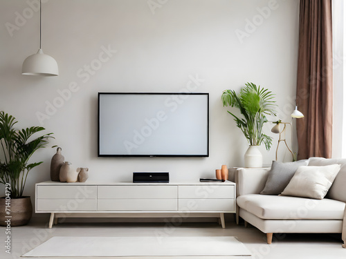 Cabinet for TV on the white plaster wall in living room with sofa and accessories decoration,minimal design