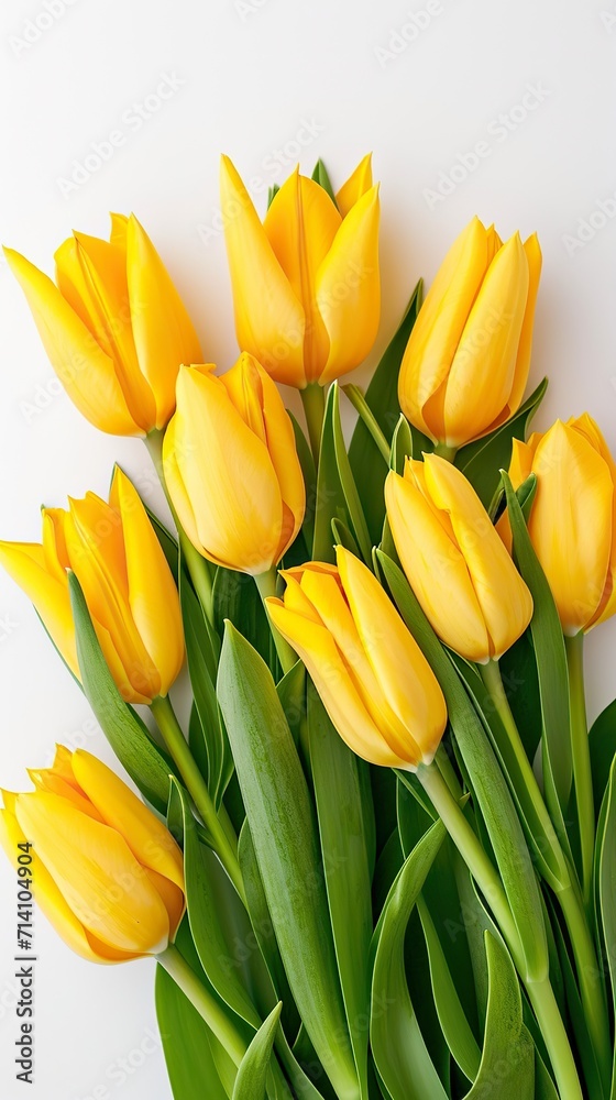 Yellow tulips on a white background. Concept of spring and freshness. Yellow tulips on a white background. Concept of spring and freshness.
