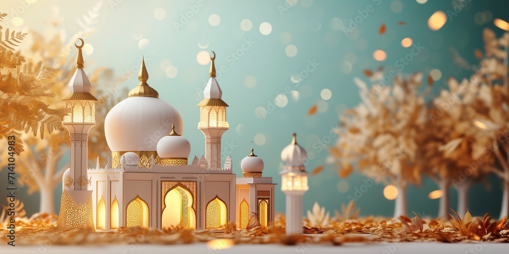 ramadan kareem paper cut illustration background. islamic lantern for eid mubarak greeting banner cover card. 3d art of a mosque with a moon and stars