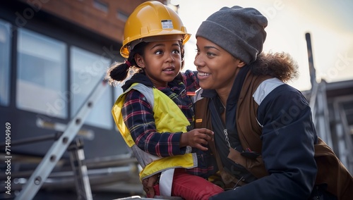 african american mother and son in safety helmets on construction site photo