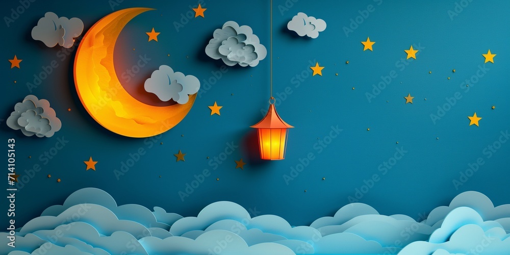 Naklejka premium ramadan kareem paper cut illustration background. islamic lantern for eid mubarak greeting banner cover card. 3d art of a mosque with a moon and stars