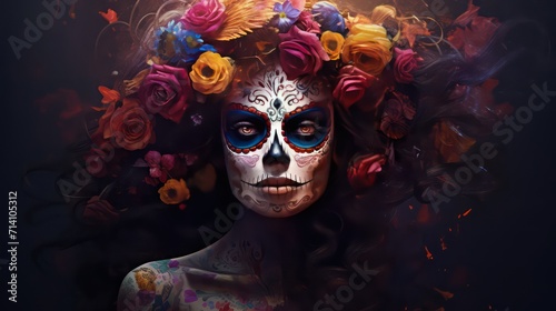 Portrait of a woman with sugar skull makeup over a dark background.  © Zain Graphics