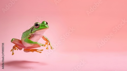 Green frog on the pastel background. 29 february leap year day concept photo