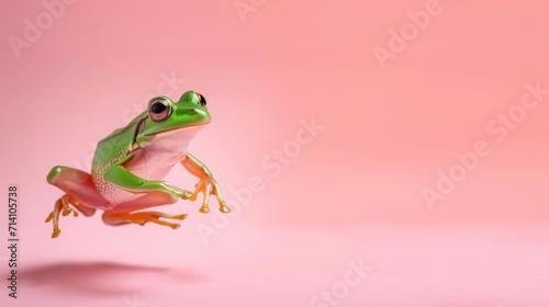 Green frog on the pastel background. 29 february leap year day concept