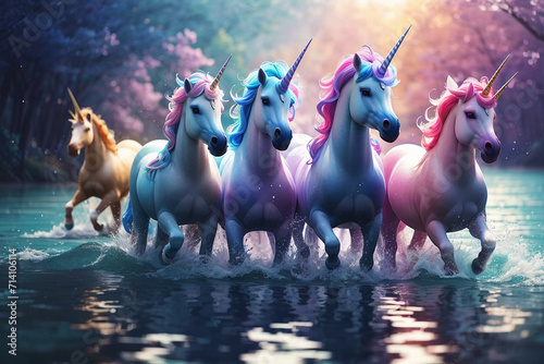 A photo of a beautiful group of Unicorn in water Generative AI