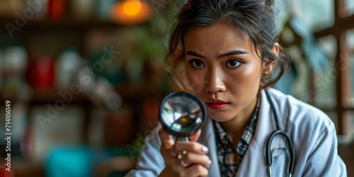 A young Asian doctor examines an older patient's skin with a medical magnifier during a clinic visit. photo