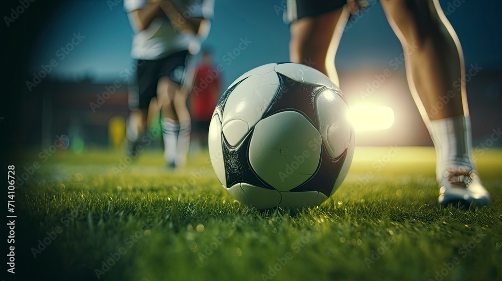 Close-up of a soccer ball on the green pitch with players' legs in the background, capturing the tense moment before a free kick at dusk. Generative ai
