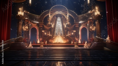 a grand award show set meticulously crafted in hyper-realistic 8k resolution using Unreal Engine featuring a spectacular stage dazzling lights and a vibrant atmosphere ready for a night 