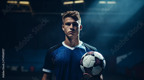 A determined male soccer player stands confidently on the field with a serious expression, under the bright stadium lights. Generative ai 
