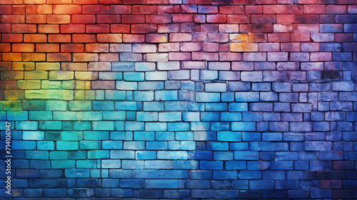 Brick wall background, spectrum colorful grunge texture or pattern for design. Generative ai