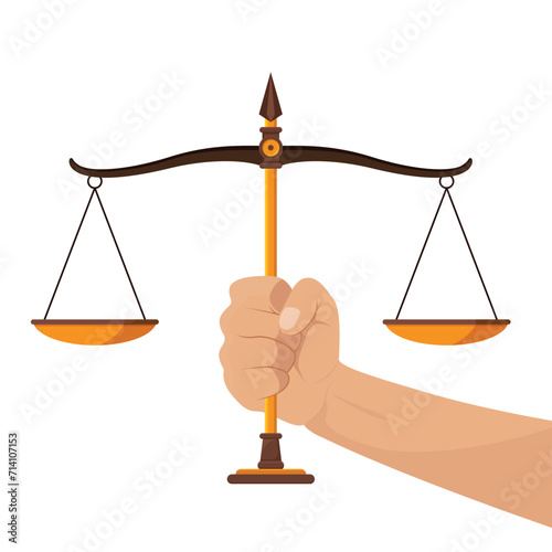 Hand holding weight scales justice isolated on white background