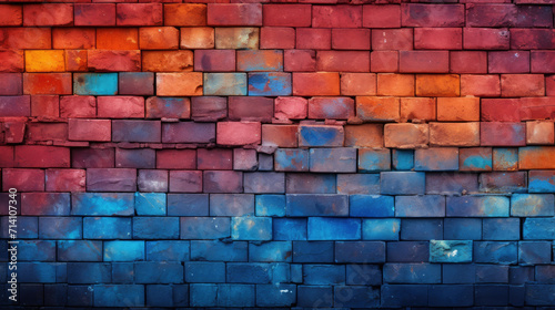 Brick wall background, technicolor grunge texture or pattern for design, backdrop. Generative ai