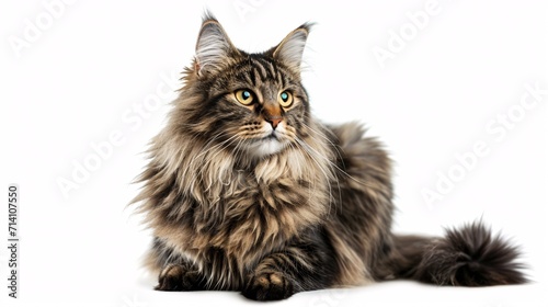 A long-haired feline sitting and gazing to the side in a full-body picture against a white backdrop.