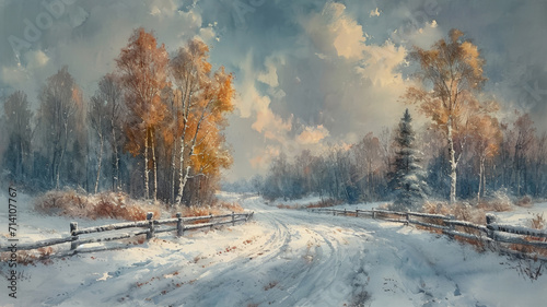 Watercolor landscape of winter road and trees
