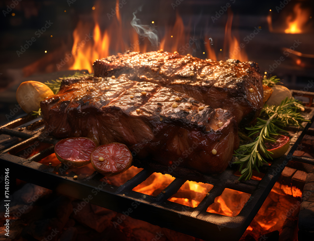 A barbecue grill full of steak A barbecue grill full of steak