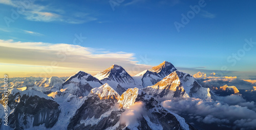 Mountain landscape at sunset. Panoramic view. Himalayas, Nepal, sunset in the mountains