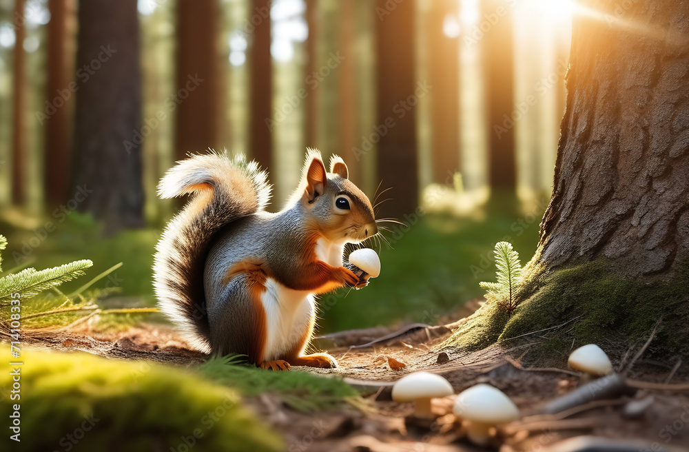 a squirrel eats a white mushroom in the forest, against the backdrop of the forest, pine forest, sunlight passes through the trees, summer, day close-up a squirrel eats a white mushroom in the forest, against the backdrop of the forest, pine forest, sunlight passes through the trees, summer, day close-up