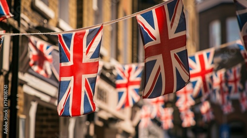 Colorful Union Jack banners adorning the street in preparation for a patriotic holiday. photo
