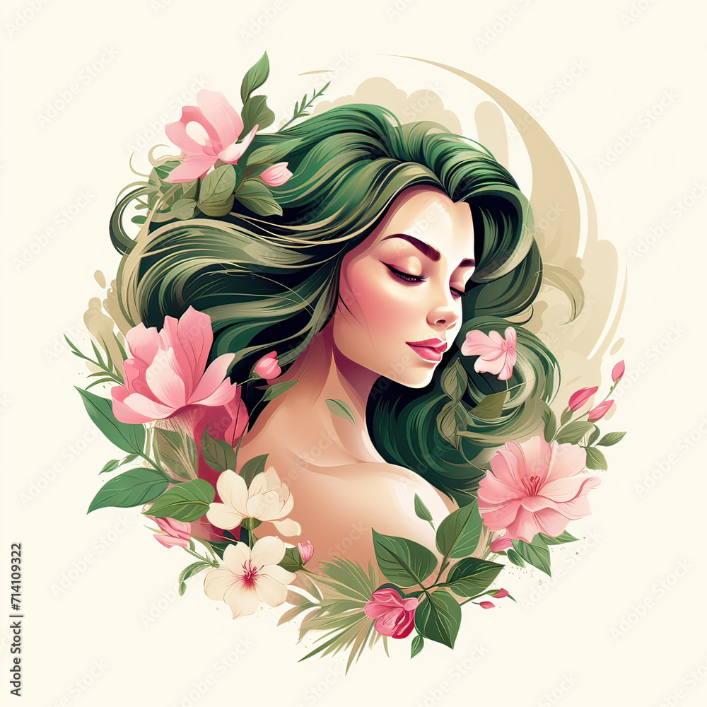 Beauty logo design, silhouette of woman in flowers and leaves in green and pink colors