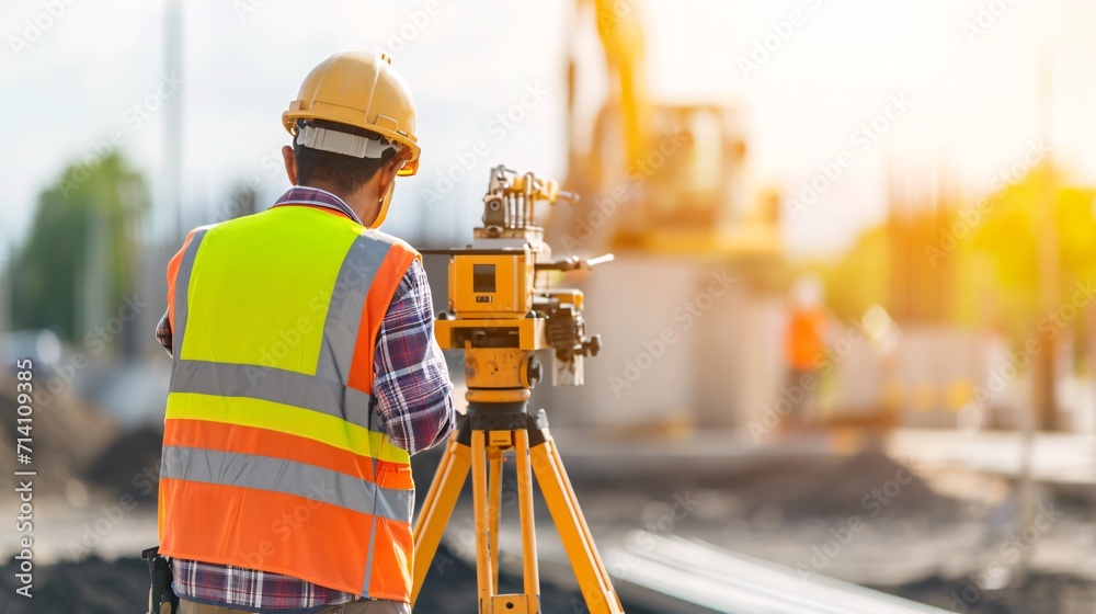 The laborer is conducting a survey to determine distances, heights, and bearings using a transit instrument on the building location. - obrazy, fototapety, plakaty 