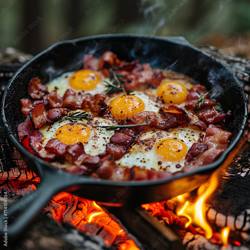 camping breakfast with bacon and eggs in a cast iron skillet camping breakfast with bacon and eggs in a cast iron skillet