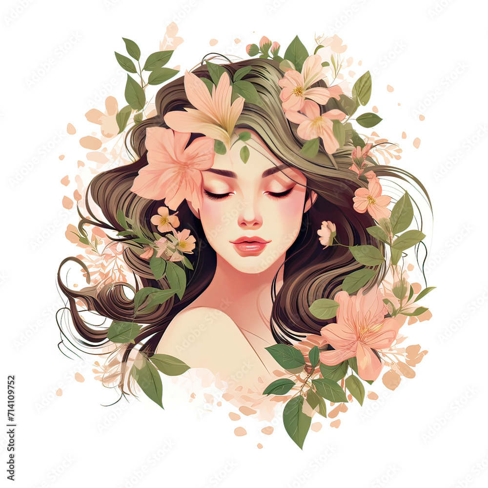 Beauty logo design, silhouette of a woman in flowers and leaves in green and beige colors
