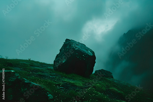 Capture a cinematic 35mm film scene: a boulder rolling down a mountain, heavy rain, dark clouds, and dramatic lighting. The concept of strength, fury, resilience and indomitability photo